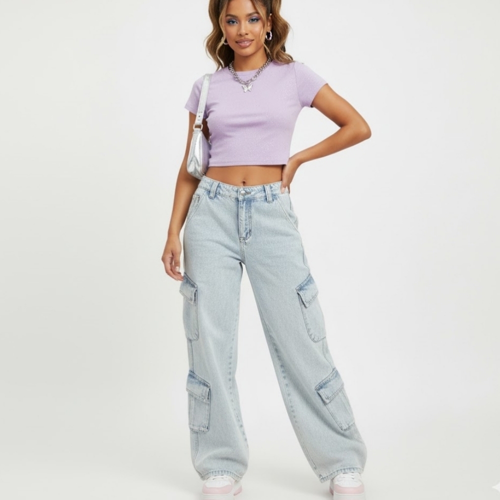 Forever 21 Women's Utility Cargo Jeans Light‎ Wash Wide Leg Pants 27 Gorpcore